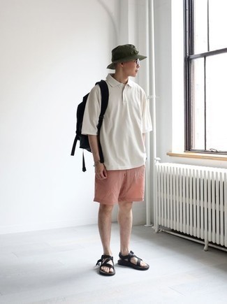 Men's Navy Canvas Backpack, Black Canvas Sandals, Pink Sports Shorts, White Polo