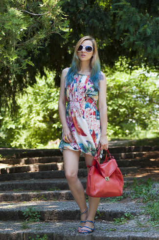 Women's White Sunglasses, Red Leather Satchel Bag, Blue Leather Flat Sandals, Multi colored Print Casual Dress