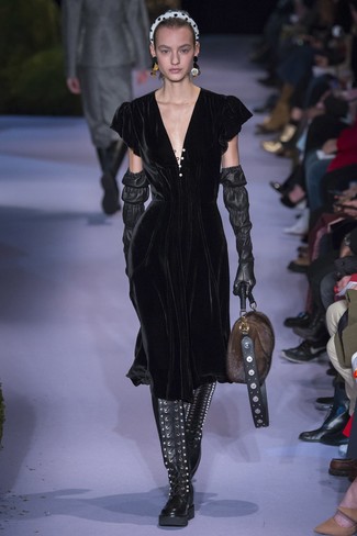 Women's Black Leather Long Gloves, Dark Brown Fur Satchel Bag, Black Leather Knee High Boots, Black Velvet Midi Dress