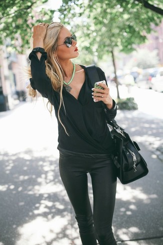 Women's Black Sunglasses, Black Leather Satchel Bag, Black Leather Leggings, Black Long Sleeve Blouse