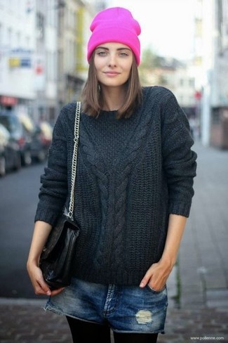 Women's Hot Pink Beanie, Black Leather Satchel Bag, Navy Ripped Denim Shorts, Black Cable Sweater