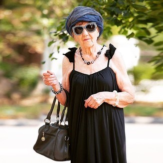 Women's Black and White Sunglasses, Navy Lightweight Scarf, Black Leather Tote Bag, Black Pleated Maxi Dress