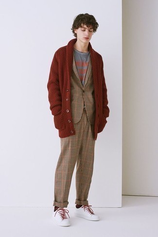 Burgundy Socks Outfits For Men: A brown shawl cardigan and burgundy socks are a cool combination to have in your off-duty collection. You could stick to a classier route with footwear by sporting white leather low top sneakers.