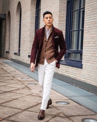 Brown Cardigan Outfits For Men: You'll be amazed at how extremely easy it is to get dressed this way. Just a brown cardigan and white dress pants. Brown leather brogues are a fitting pick here.