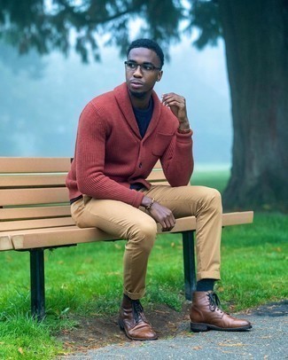 Dark Green Socks Outfits For Men: This combo of a red shawl cardigan and dark green socks is impeccably stylish and yet it's laid-back and apt for anything. A pair of brown leather casual boots effortlessly dials up the classy factor of any outfit.