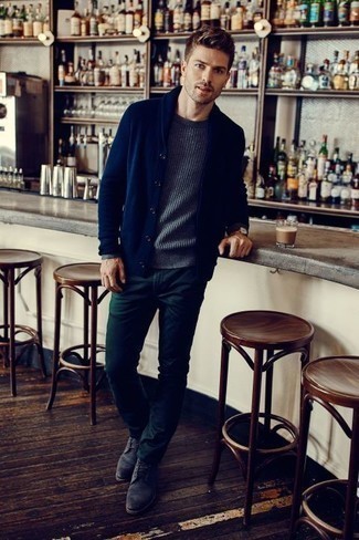 Charcoal Suede Casual Boots Outfits For Men: Teaming a navy shawl cardigan with dark green chinos is an on-point option for a casually refined getup. Our favorite of a myriad of ways to finish off this ensemble is with charcoal suede casual boots.