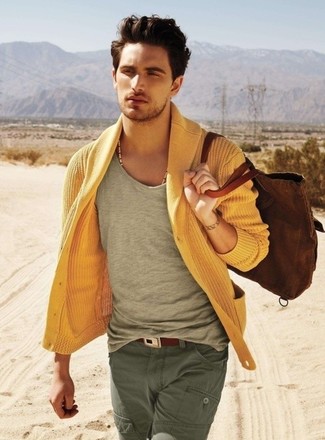 Brown Canvas Tote Bag Outfits For Men: Consider pairing a yellow shawl cardigan with a brown canvas tote bag for a casual and fashionable look.