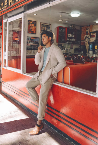 Tan Shawl Cardigan Outfits For Men: Consider pairing a tan shawl cardigan with beige chinos to put together an interesting and pulled together ensemble. For something more on the dressier side to finish your look, complete your getup with a pair of tan leather derby shoes.