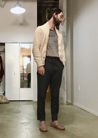 Men's Beige Shawl Cardigan, Brown Knit Crew-neck T-shirt, Black Chinos, Tan Leather Low Top Sneakers