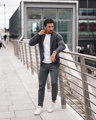 Grey Shawl Cardigan Outfits For Men: Wear a grey shawl cardigan and dark green chinos for a neat sophisticated outfit. Finishing off with a pair of white canvas low top sneakers is the most effective way to inject a more relaxed twist into your outfit.
