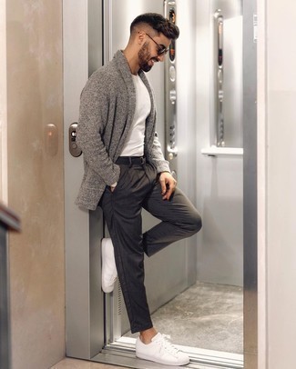 Grey Shawl Cardigan Outfits For Men: Consider teaming a grey shawl cardigan with charcoal chinos for a sleek elegant ensemble. Why not go for white leather low top sneakers for a more casual finish?