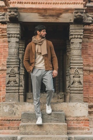 Men's Brown Shawl Cardigan, Beige Crew-neck T-shirt, Grey Vertical Striped Chinos, White Canvas Low Top Sneakers