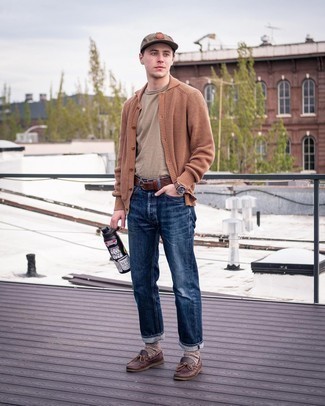 Brown Baseball Cap Outfits For Men: If you're looking for a casual street style but also sharp outfit, rock a tan shawl cardigan with a brown baseball cap. Finishing with dark brown leather loafers is the simplest way to breathe a dash of refinement into this ensemble.
