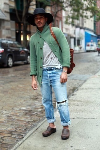 Men's Mint Shawl Cardigan, Grey Ripped Crew-neck T-shirt, Light Blue Ripped Jeans, Dark Brown Leather Loafers