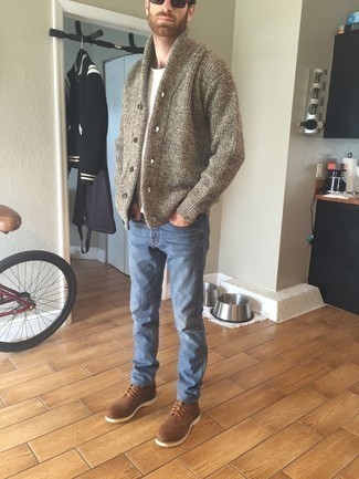 Beige Shawl Cardigan Outfits For Men: A beige shawl cardigan and blue jeans are a savvy combination that will take you throughout the day and into the night. For extra style points, add a pair of brown suede casual boots to the equation.