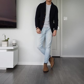 Black Socks Casual Outfits For Men: A black shawl cardigan and black socks are the perfect way to inject effortless cool into your daily off-duty rotation. And if you want to instantly step up this outfit with one piece, why not complete your look with a pair of brown suede desert boots?