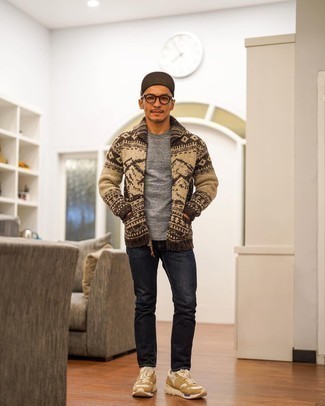 Beige Print Cardigan Outfits For Men: A beige print cardigan and charcoal jeans paired together are a wonderful match. Want to play it down in the shoe department? Complement this look with a pair of tan athletic shoes for the day.