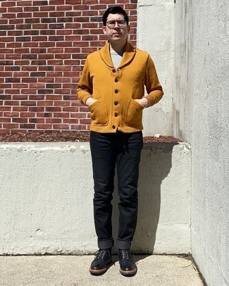 Mustard Cardigan Outfits For Men: A mustard cardigan and black jeans paired together are a match made in heaven for gentlemen who love off-duty getups. Add a pair of black leather casual boots to this ensemble to make the ensemble slightly more sophisticated.