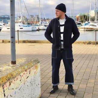 Men's Navy Shawl Cardigan, White and Black Horizontal Striped Crew-neck T-shirt, Navy Jeans, Black Leather Casual Boots