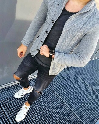 Grey Shawl Cardigan Outfits For Men: The combination of a grey shawl cardigan and black ripped skinny jeans makes for a neat laid-back look. White leather low top sneakers will give a sleeker twist to an otherwise mostly casual ensemble.