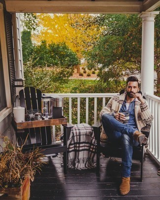 Beige Shawl Cardigan Outfits For Men: Such must-haves as a beige shawl cardigan and navy jeans are an easy way to inject effortless cool into your daily casual fashion mix. Finishing off with brown suede chelsea boots is a surefire way to add some extra depth to this outfit.