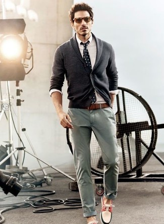 How To Wear Grey Chinos 186 Looks Men S Fashion   Shawl Cardigan Dress Shirt Chinos Boat Shoes Tie Belt Large 751 