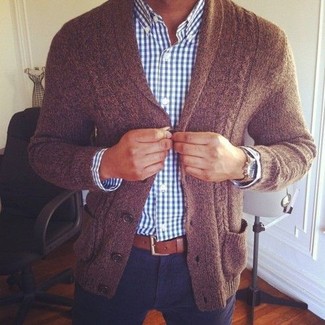Dark Brown Shawl Cardigan Outfits For Men: A dark brown shawl cardigan and navy chinos are the perfect way to introduce extra sophistication into your day-to-day lineup.