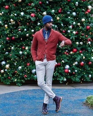 Men's Red Shawl Cardigan, Blue Chambray Dress Shirt, Grey Chinos, Burgundy Leather Casual Boots