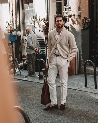 Tan Cardigan Outfits For Men: Marry a tan cardigan with white dress pants for a neat polished outfit. Dark brown suede tassel loafers look right at home here.
