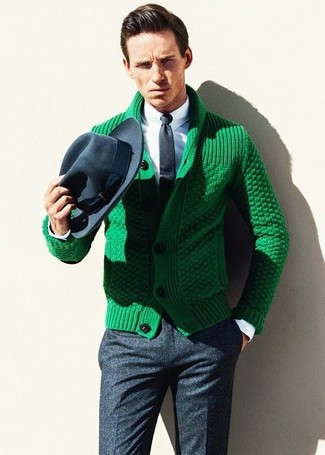 Mint Cardigan Outfits For Men: Pairing a mint cardigan and charcoal wool dress pants is a guaranteed way to breathe sophistication into your current styling routine.