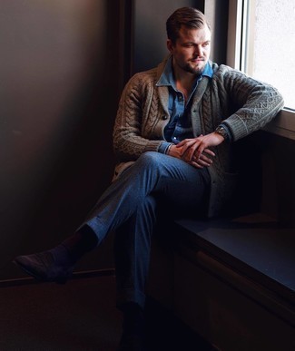 Olive Shawl Cardigan Outfits For Men: This polished combo of an olive shawl cardigan and blue wool dress pants is a must-try ensemble for any guy. If you're hesitant about how to finish, finish off with a pair of dark brown suede loafers.