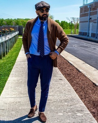 Shawl Cardigan Outfits For Men: Irrefutable proof that a shawl cardigan and navy dress pants look awesome when combined together in a refined look for a modern gent. If you're on the fence about how to finish off, complement your getup with a pair of dark brown suede loafers.