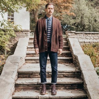 Men's Brown Shawl Cardigan, Blue Chambray Dress Shirt, Navy Jeans, Dark Brown Leather Casual Boots