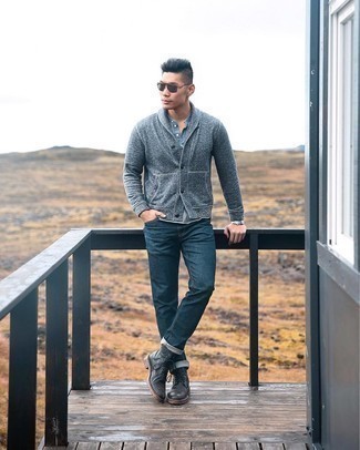 Grey Shawl Cardigan Outfits For Men: Pairing a grey shawl cardigan with navy jeans is a great idea for a casual look. When it comes to shoes, complement this getup with black leather casual boots.