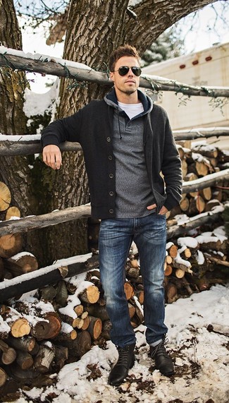 Grey Shawl Cardigan Outfits For Men: This laid-back combo of a grey shawl cardigan and navy jeans is a never-failing option when you need to look cool in a flash. When not sure as to the footwear, go with a pair of black leather casual boots.