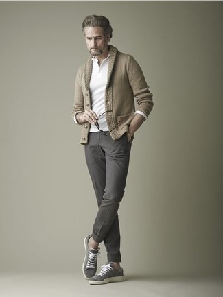 Men's Tan Shawl Cardigan, White Long Sleeve Henley Shirt, Charcoal Chinos, Grey Suede Low Top Sneakers