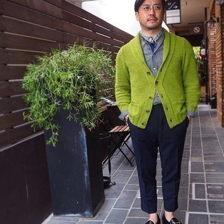 Multi colored Print Silk Scarf Outfits For Men: This combo of a green shawl cardigan and a multi colored print silk scarf will allow you to display your skills in menswear styling even on weekend days. Amp up the cool of your outfit by finishing off with a pair of black leather loafers.