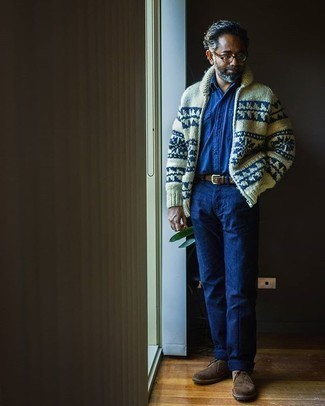 White Fair Isle Shawl Cardigan Outfits For Men: For a look that's super easy but can be styled in a variety of different ways, rock a white fair isle shawl cardigan with navy chinos. Dark brown suede desert boots look awesome here.