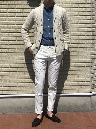 Beige Shawl Cardigan Outfits For Men: For an effortlessly stylish ensemble, choose a beige shawl cardigan and white chinos — these two pieces play nicely together. Take your outfit a dressier path with dark brown suede tassel loafers.