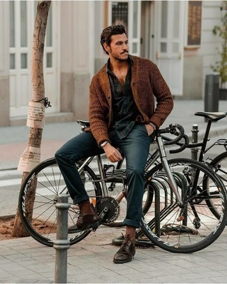 Brown Cardigan Outfits For Men: A brown cardigan and teal chinos are the kind of a no-brainer getup that you so desperately need when you have no extra time. If you're not sure how to finish, complement this ensemble with dark brown leather casual boots.