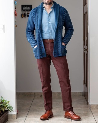 Tobacco Leather Brogue Boots Outfits: Choose a navy shawl cardigan and brown chinos to achieve a proper and elegant getup. Tobacco leather brogue boots are an effortless way to add a little kick to the outfit.
