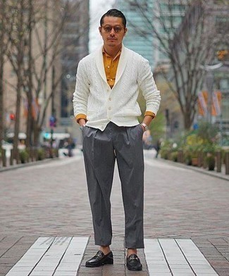 White Canvas Watch Outfits For Men: This relaxed casual combination of a white shawl cardigan and a white canvas watch is very easy to throw together in no time flat, helping you look seriously stylish and prepared for anything without spending a ton of time going through your wardrobe. Complete this look with black leather loafers for a sense of polish.
