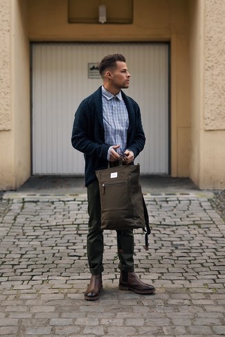 Dark Brown Canvas Tote Bag Outfits For Men: If you feel more confident wearing something comfortable, you'll like this contemporary combination of a navy shawl cardigan and a dark brown canvas tote bag. Inject this look with an air of polish by wearing a pair of dark brown leather chelsea boots.