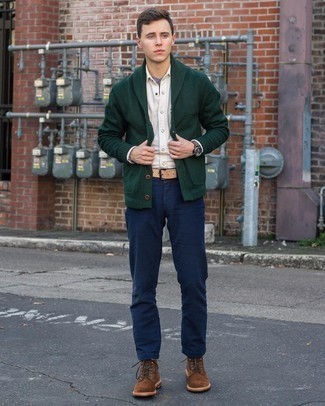 White Long Sleeve Shirt Outfits For Men: If you're after a relaxed casual and at the same time dapper getup, consider wearing a white long sleeve shirt and navy chinos. Round off with a pair of brown suede casual boots to upgrade your look.