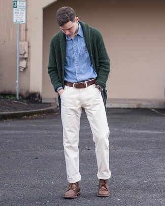 Tobacco Bracelet Outfits For Men: Marrying a dark green shawl cardigan with a tobacco bracelet is an on-point choice for a relaxed casual but sharp outfit. For a stylish hi-low mix, introduce brown leather casual boots to the equation.
