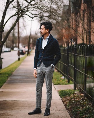 Shawl Cardigan Outfits For Men: This combination of a shawl cardigan and grey check chinos looks put together and makes any gent look infinitely cooler. And if you need to easily ramp up your ensemble with shoes, why not complement your look with a pair of black leather loafers?