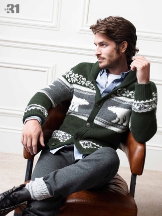Olive Fair Isle Cardigan Outfits For Men: If you're scouting for a relaxed casual yet sharp getup, consider pairing an olive fair isle cardigan with grey sweatpants. Introduce a pair of black leather casual boots to your getup for a dose of refinement.