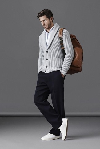 Dark Brown Leather Backpack Outfits For Men: You'll be amazed at how super easy it is for any gentleman to throw together a laid-back look like this. Just a grey shawl cardigan paired with a dark brown leather backpack. If you feel like stepping it up a bit now, complete this look with a pair of white low top sneakers.