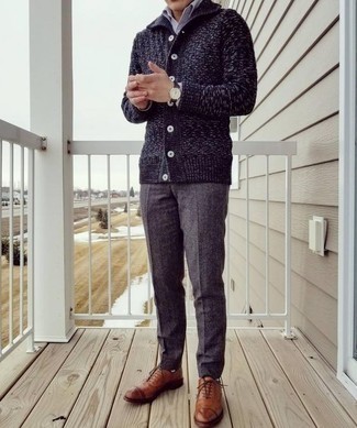 Tobacco Leather Oxford Shoes Outfits: This pairing of a navy shawl cardigan and charcoal dress pants comes to rescue when you need to look extra smart. Add a pair of tobacco leather oxford shoes to the equation and the whole ensemble will come together.