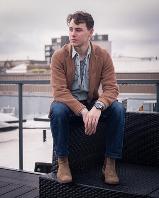 Brown Shawl Cardigan Outfits For Men: This pairing of a brown shawl cardigan and navy jeans makes for the ultimate off-duty outfit for any modern gentleman. To give this look a more polished touch, why not add brown suede chelsea boots to the equation?